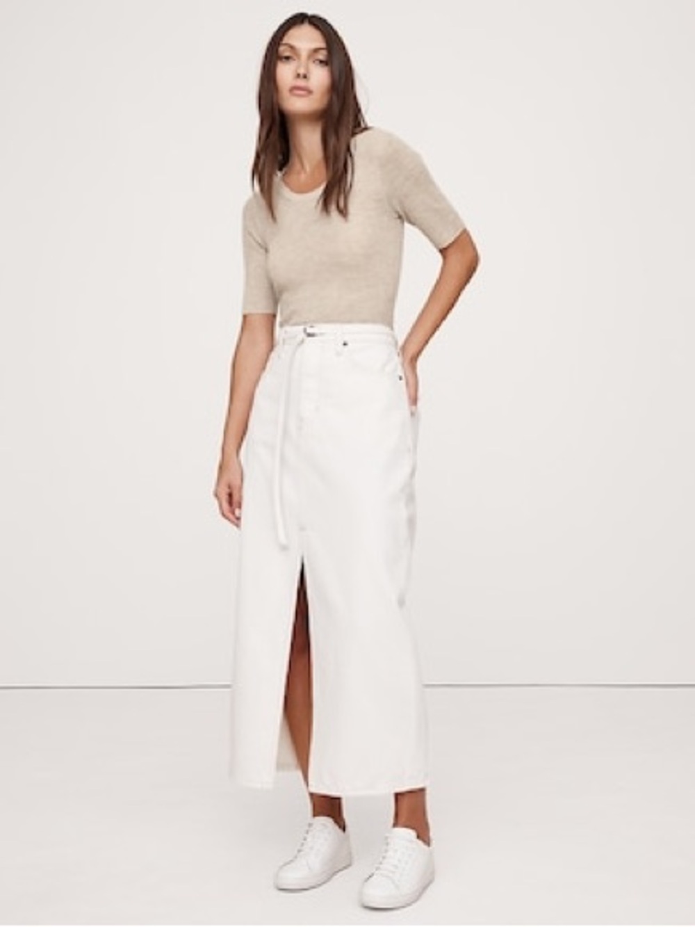 Banana Republic FEATHERWEIGHT CASHMERE SCOOP-NECK SWEATER Beige Small NEW